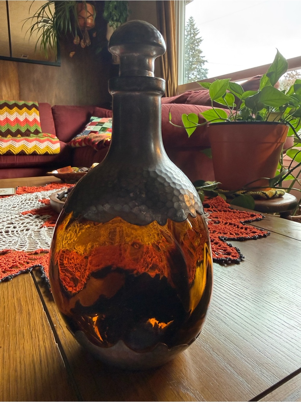 Vintage Royal Holland Daalderop Amber Glass Pewter Decanter Made in Holland